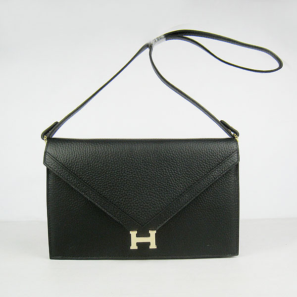 7A Hermes Togo Leather Messenger Bag Black With Gold Hardware H021 Replica - Click Image to Close